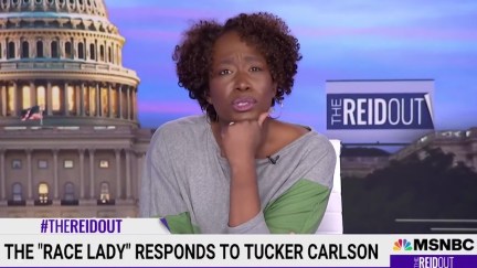 Joy Reid rests her chin on her hand above a chyron reading 'The 'race lady' responds to Tucker Carlson'