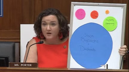 Katie Porter holds a whiteboard with cardboard paper circles of various sizes stuck to it during a hearing.