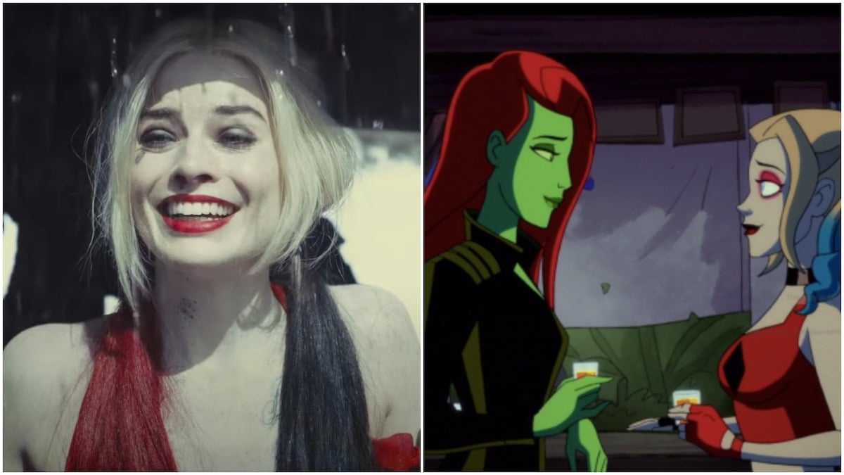 Margot Robbie as Harley Quinn and a cartoon of Poison Ivy and Harley Quinn