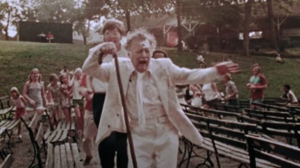 shudder tailer of Romero movie the amusement park where the male lead, in a white suit and cane is running away in distress