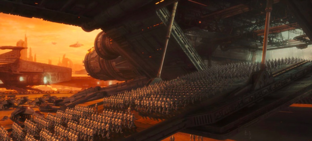Hordes of clone troopers board ships in Star Wars Episode II: Attack of the Clones.