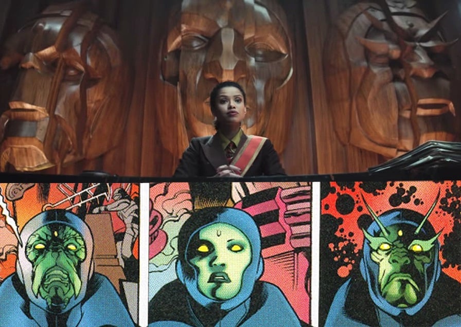 Gugu Mbatha-Raw poised before statues of the Time-Keepers as Renslayer in the Loki series and an image of the Time-Keepers from Marvel Comics