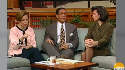 A shot from a 1994 episode of the Today Show featuring three hosts taking on a sofa
