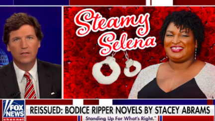 Tucker Carlson next to an image of Stacey Abrams and a graphic reading 