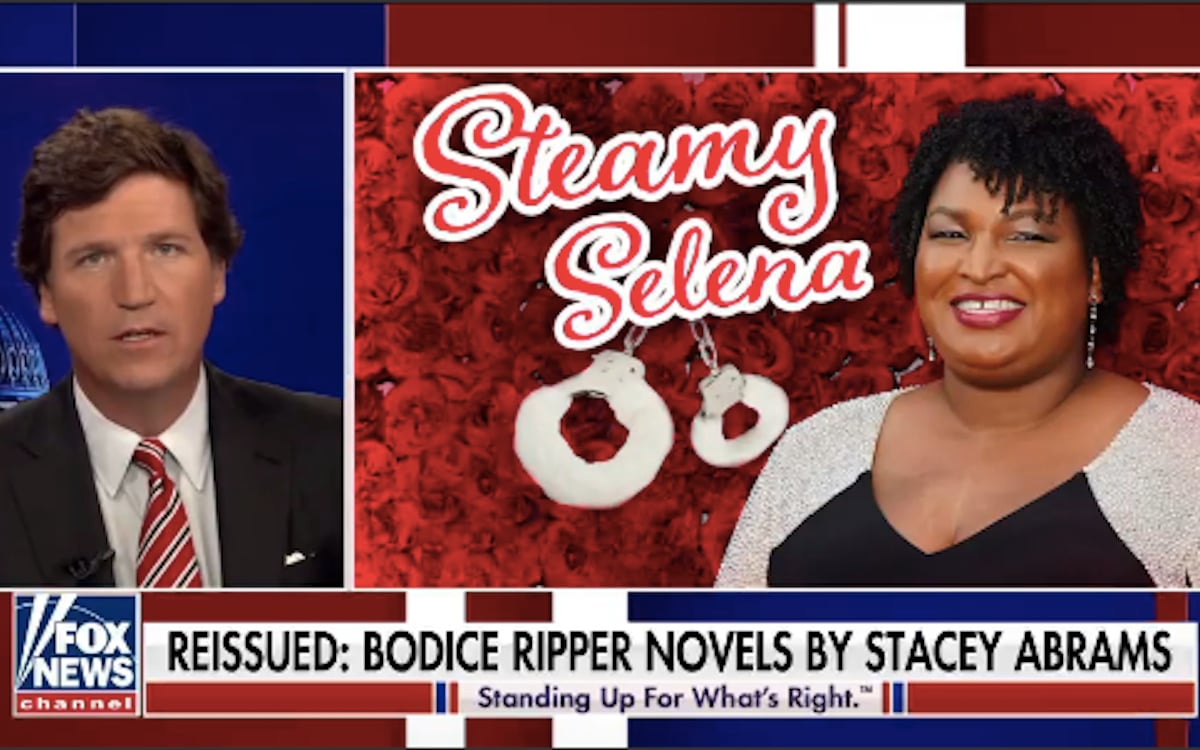 Tucker Carlson next to an image of Stacey Abrams and a graphic reading "Steamy Selena"