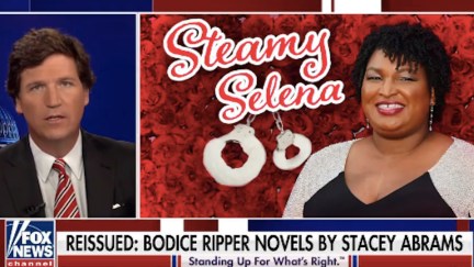 Tucker Carlson next to an image of Stacey Abrams and a graphic reading 