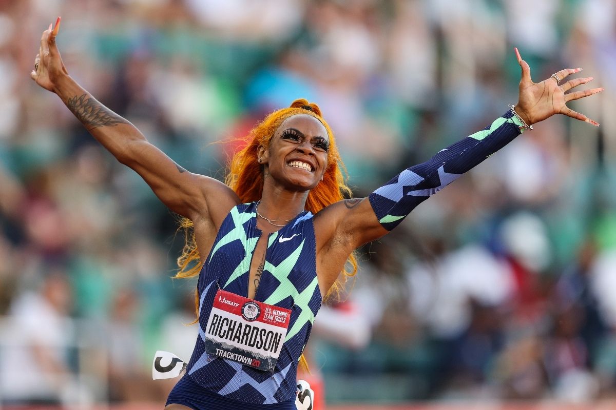 Sha'Carri Richardson celebrates winning the Women's 100 Meter.