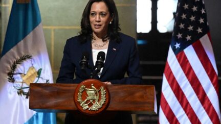 US VP Kamala Harris speaks at joint press conference with Guatemalan President Alejandro Giammattei (out of frame.)