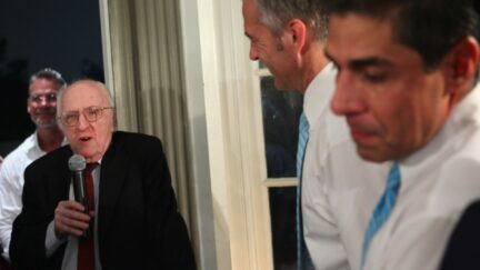 WASHINGTON - AUGUST 21: Gay rights activist Frank Kameny (2nd L) speaks during the wedding ceremony of TV reporter Roby Chavez (R) and Chris Roe (2nd R) August 21, 2010 at the Woodrow Wilson House in Washington, DC. Chavez of Matthews, Louisiana, and Roe, of Monticello, Wisconsin, tied the knot after they have been together for five years. Roe popped the question on the night when DC became the sixth place in the U.S. to legalize same-sex marriage while Chavez was on a tight deadline covering the story. The couple will spend two weeks in Greece for their honeymoon. (Photo by Alex Wong/Getty Images)