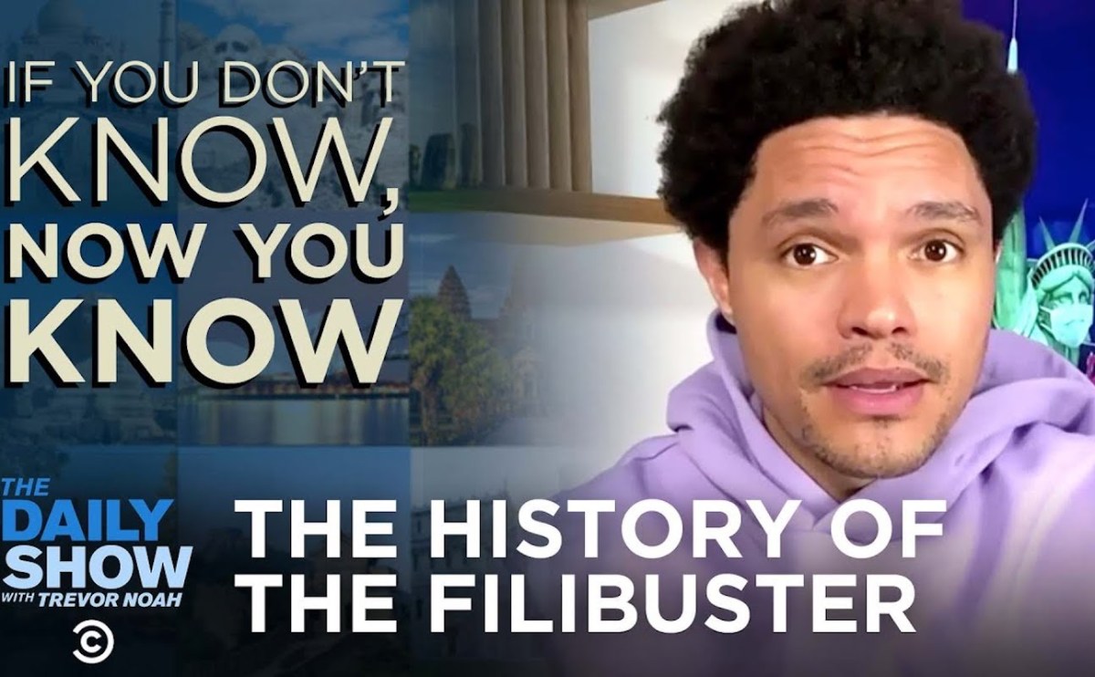 Trevor Noah in an episode of The Daily Show with the caption "The history of the filibuster"