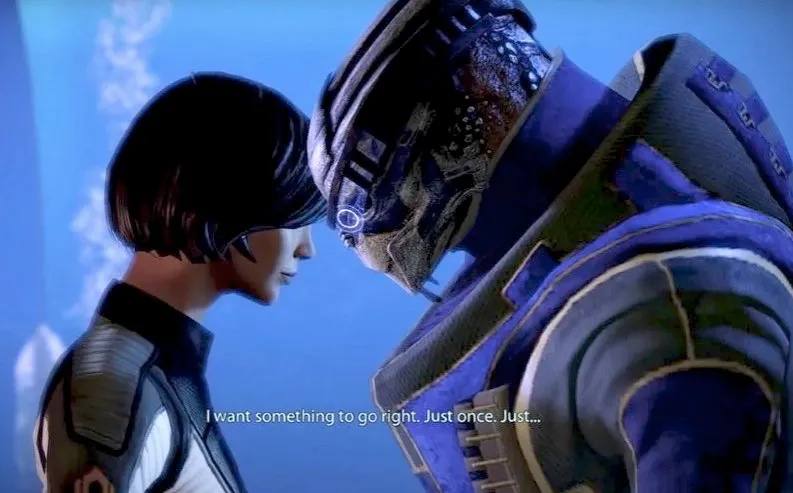 Shepard and Garrus leaning in close to talk in Mass Effect 2.