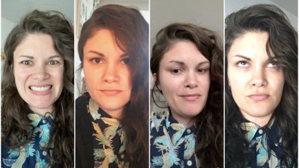 Four shots of a woman wearing the same hawaiian shirt in different Zoom meetings.
