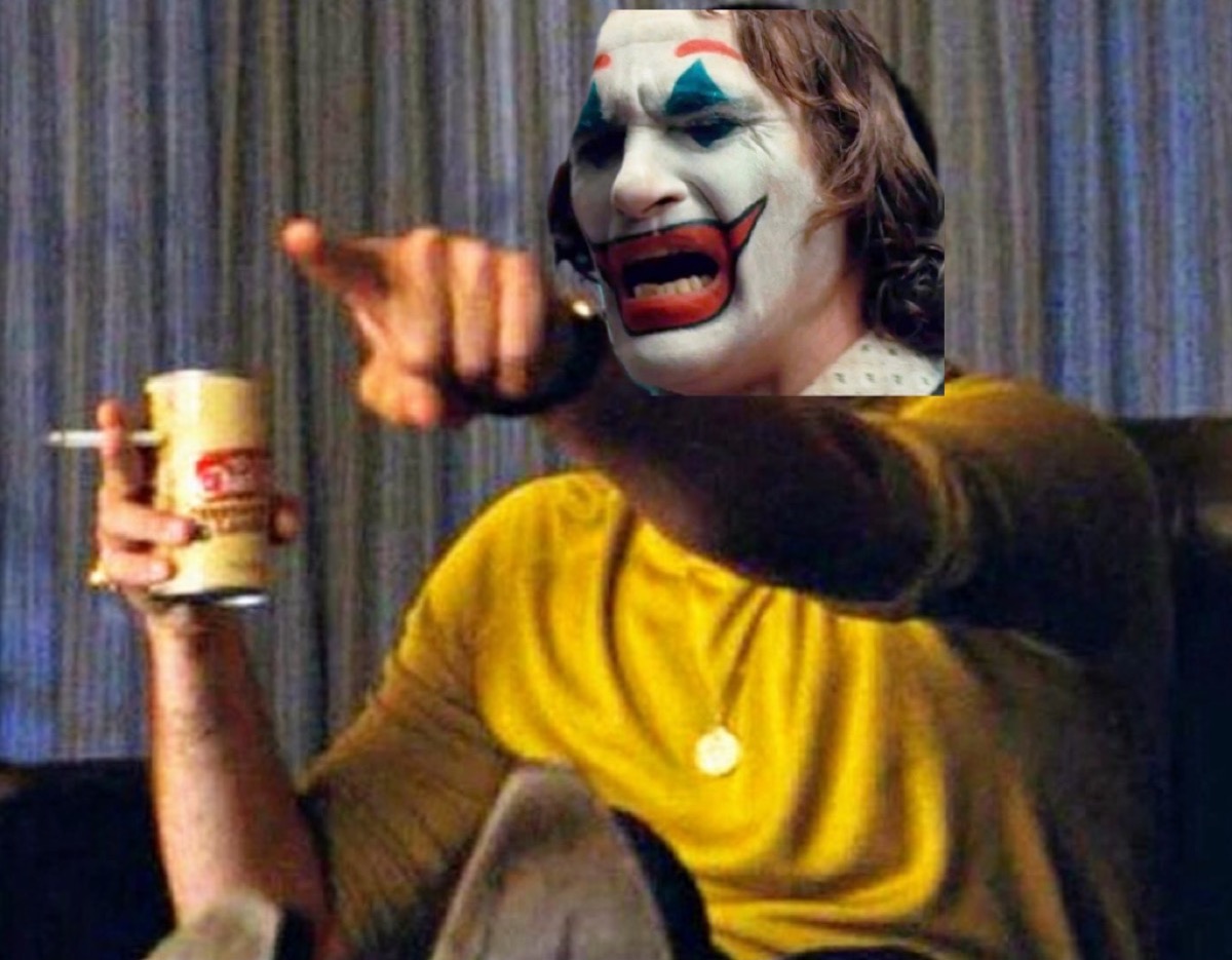 Joker's face on the Leonardo DiCaprio pointing meme.