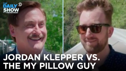 Side by side photos of Jordan Klepper and Mike Lindell with text reading 
