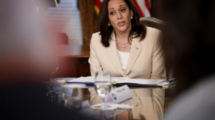 Kamala Harris speaks from a table, viewed through the shoulders of the people sitting across form her.