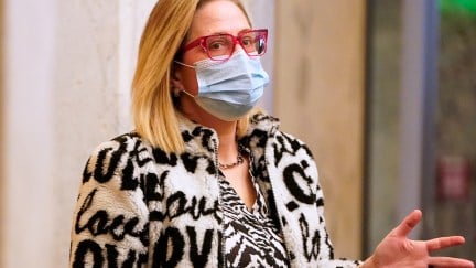 Kyrsten Sinema wears a mask and a coat with the word 
