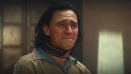 Tom Hiddleston as Loki cries in the Loki Disney+ series