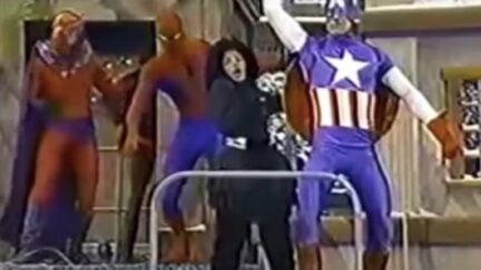 Marvel float in Macy's 1989 Thanksgiving Day Parade featuring Captain America, Spider-Man, and Magneto.