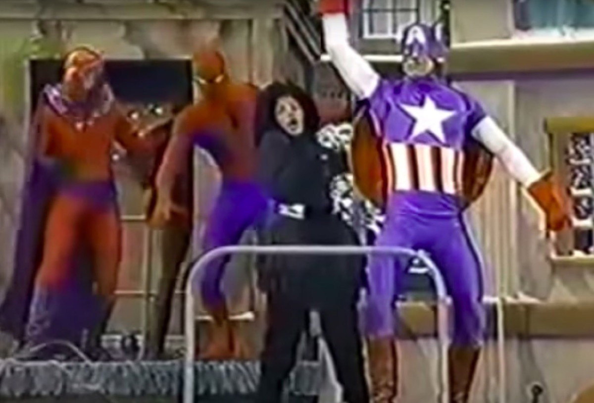 Marvel float in Macy's 1989 Thanksgiving Day Parade featuring Captain America, Spider-Man, and Magneto.