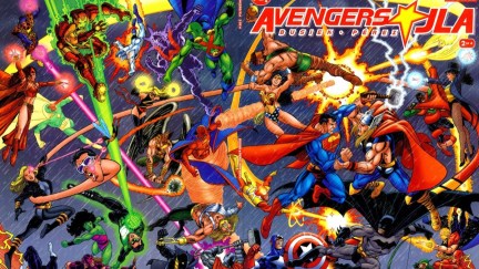 The Avengers fighting the Justice League on Avengers/JLA comic book cover.