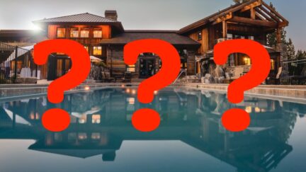 A mansion and pool with three question marks superimposed on top
