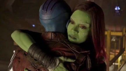Nebula and Gamora hug in Avengers: Endgame.
