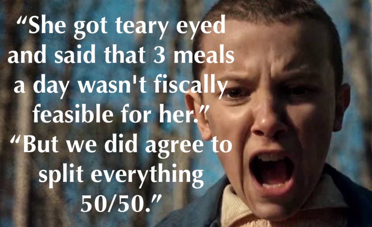 Millie Bobbie Brown screaming in Stranger Things. Next to her, the words "She got teary eyed and said that 3 meals a day wasn't fiscally feasible for her. But we did agree to split everything 50/50."