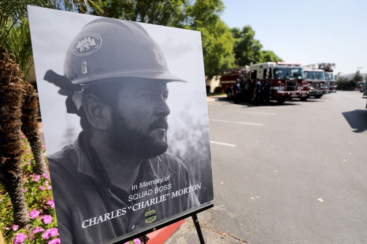 A photograph of fallen Big Bear Interagency Hotshot Charles Morton, a firefighter who was killed battling the El Dorado wildfire.