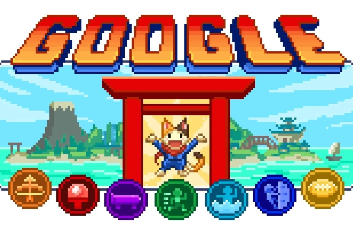 Google Doodle for Tokyo Olympics featuring Lucky the calico athlete.