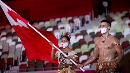 Malia Paseka and Pita Taufatofua of Team Tonga at the Tokyo Olympics Opening Ceremony.