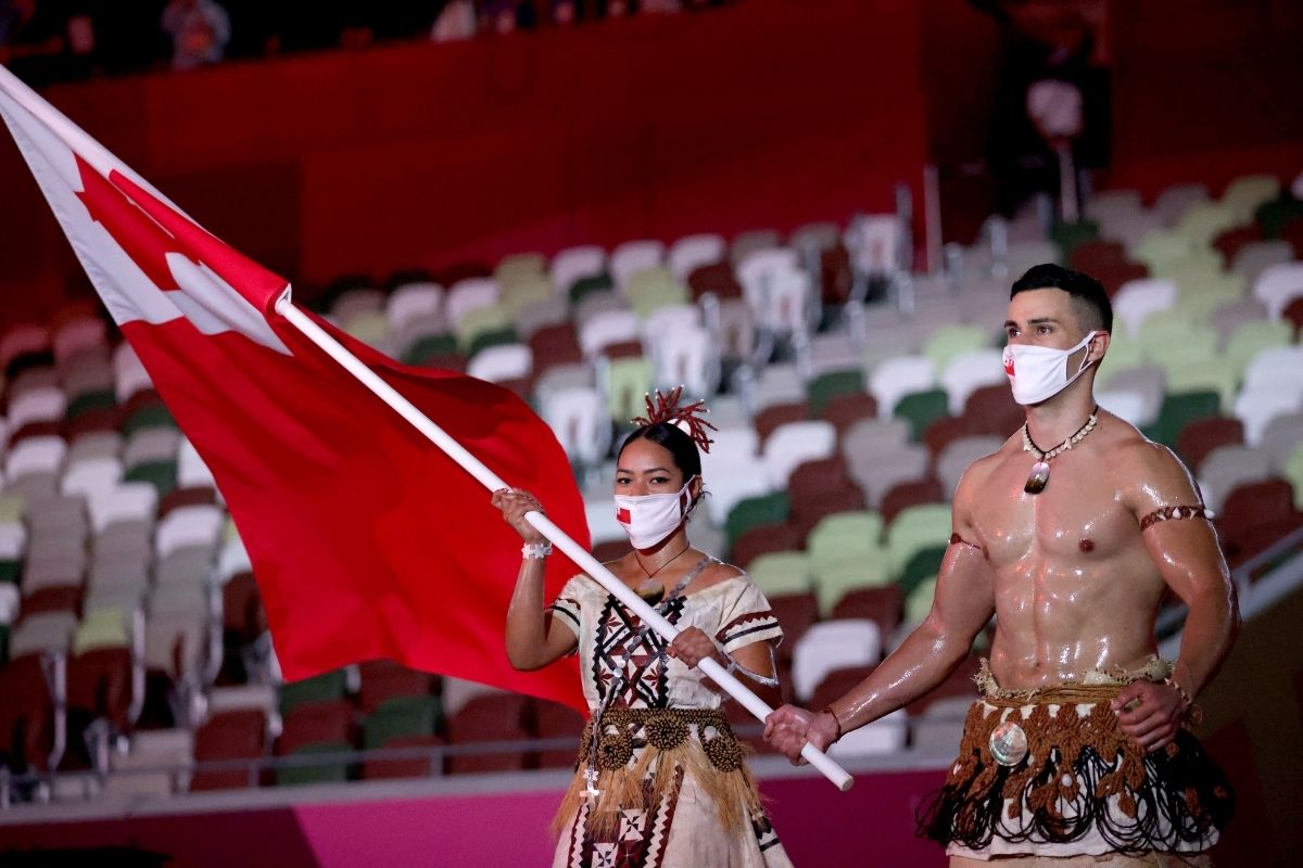 Malia Paseka and Pita Taufatofua of Team Tonga at the Tokyo Olympics Opening Ceremony.