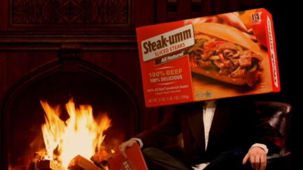 Steak-Umm's mascot sitting in front of a fire.