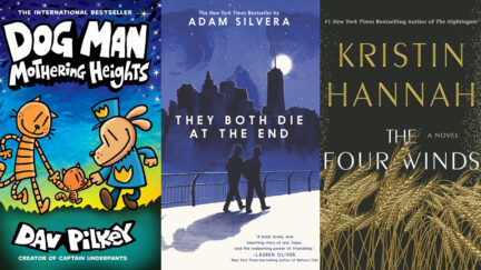 Collage of books: Dog Man, They Both Die at the End, and The Four Winds. (Image: Graphix, Quoll Tree and St. Martin's)