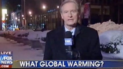 A Fox News segment featuring a reporter in the street in the snow with a chyron reading 