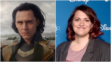 An image of Tom Hiddleston as Loki and Loki TV show director Kate Herron