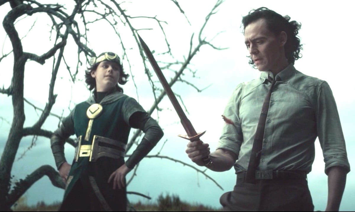 Jack Veal as Kid Loki and Tom Hiddleston as Loki in episode 5