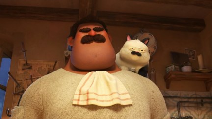 Massimo Marcovaldo in Pixar's Luca with his cat on his shoulder