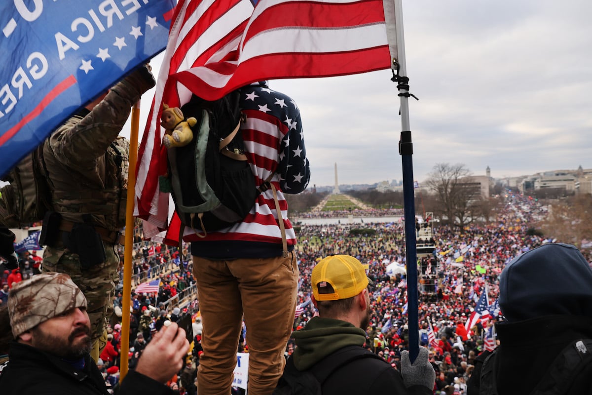 Trump supporters gather outside the U.S. Capitol building following a "Stop the Steal" rally on January 06, 2021