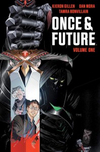 "Once & Future" by Kieron Gillen and Tamra Bonvillain with illustrations by Dan Mora. Image of older woman and younger man reflecting in a sword held by a dark figure.