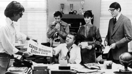 Director Richard Donner, actors Jackie Cooper, Marc McClure, actress Margot Kidder and Christopher Reeve on set of the Warner Bros movie 