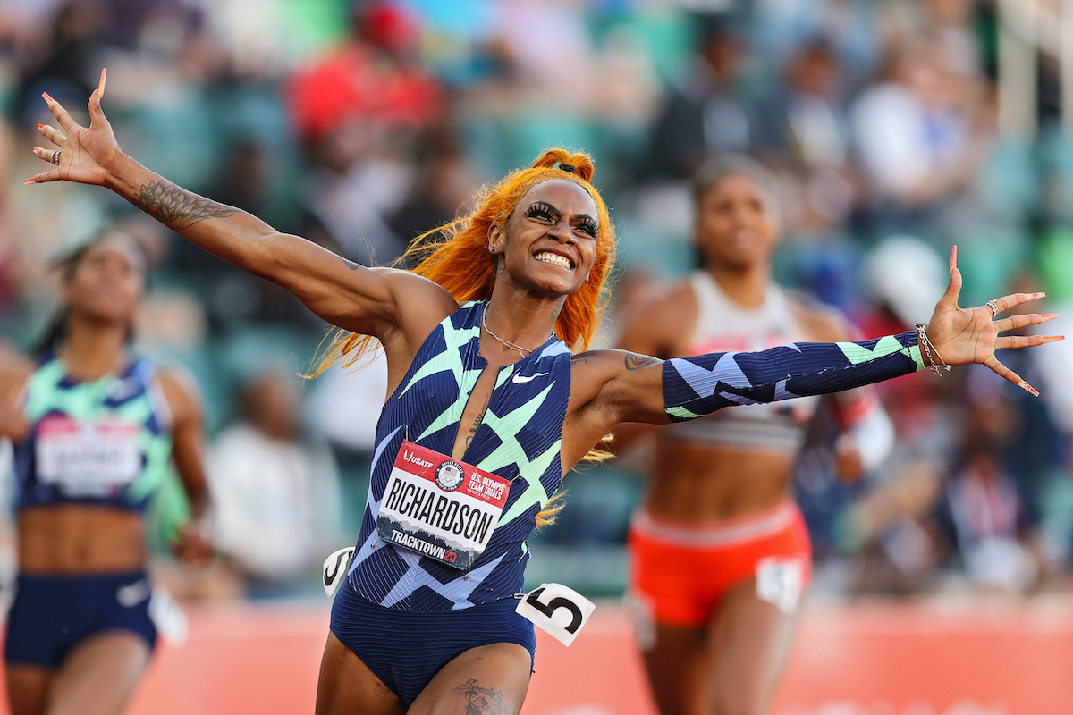 Sha'Carri Richardson celebrates winning the Women's 100 Meter final