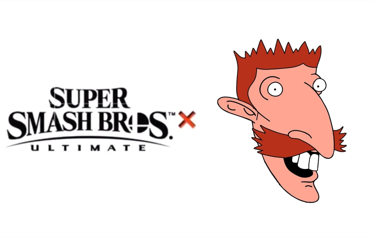 Smash Bros Ultimate logo and Nigel Thornberry's face.