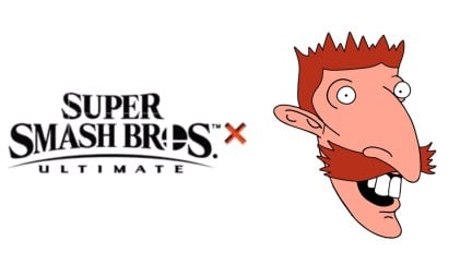 Smash Bros Ultimate logo and Nigel Thornberry's face.