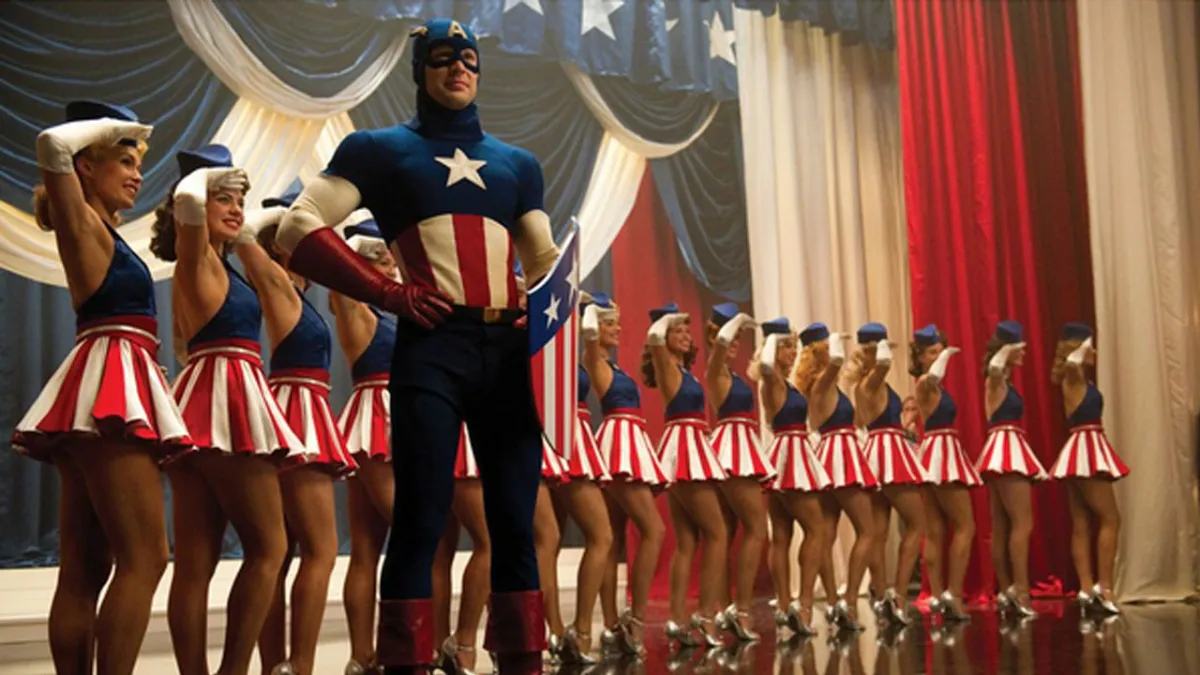 Chris Evans as Steve Rogers in the Captain America stage show in 'Captain America: The First Avenger'