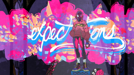 Fan art of Miles Morales standing in front of the word 