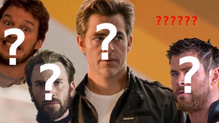 Chris Pine, Chris Pratt, Chris Evans, and Chris Hemsworth with question marks over their faces.
