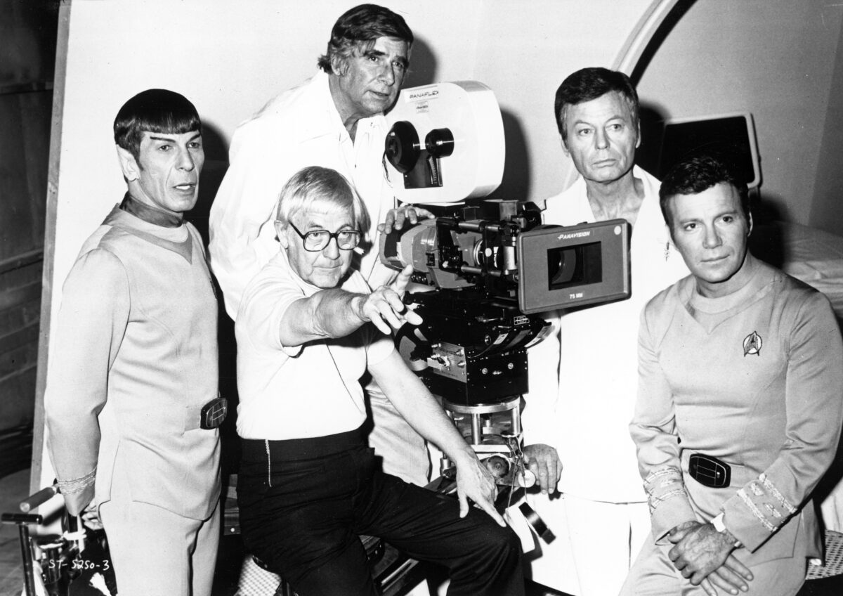 Leonard Nimoy, DeForest Kelley and William Shatner pose for a portrait with writer Gene Roddenberry and director Robert Wise