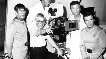 Leonard Nimoy, DeForest Kelley and William Shatner pose for a portrait with writer Gene Roddenberry and director Robert Wise