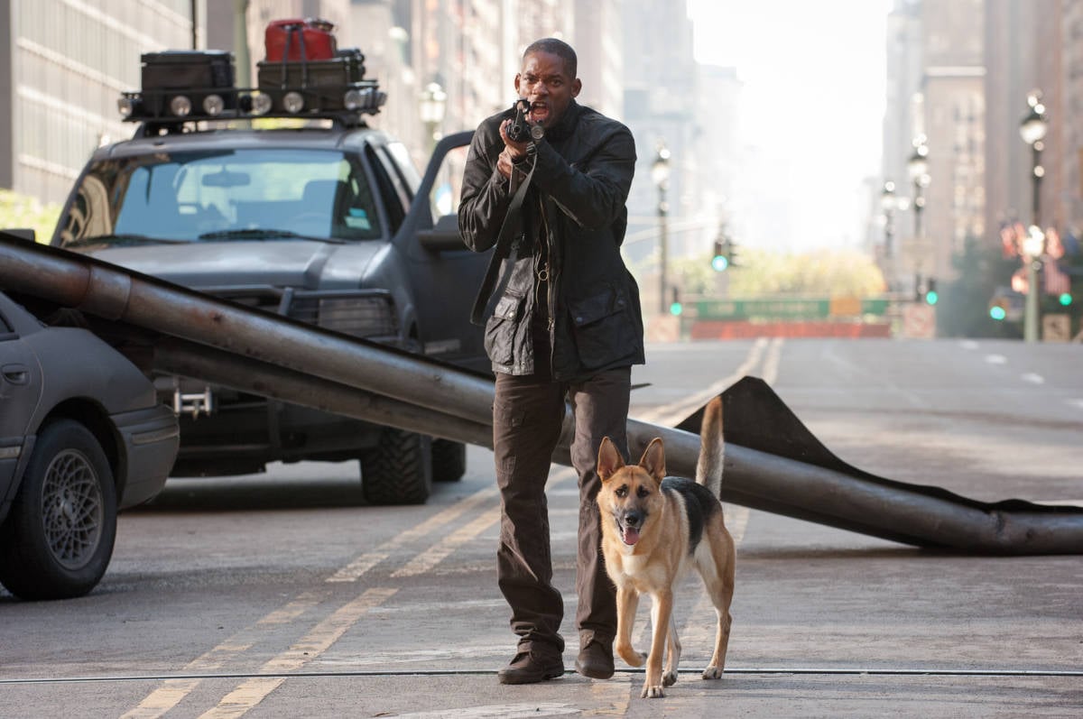 Will Smith aiming a gun and shouting in I Am Legend.