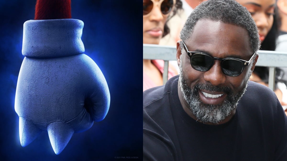 Knuckles fist art for Sonic the Hedgehog 2 movie next to a press photo of Idris Elba.